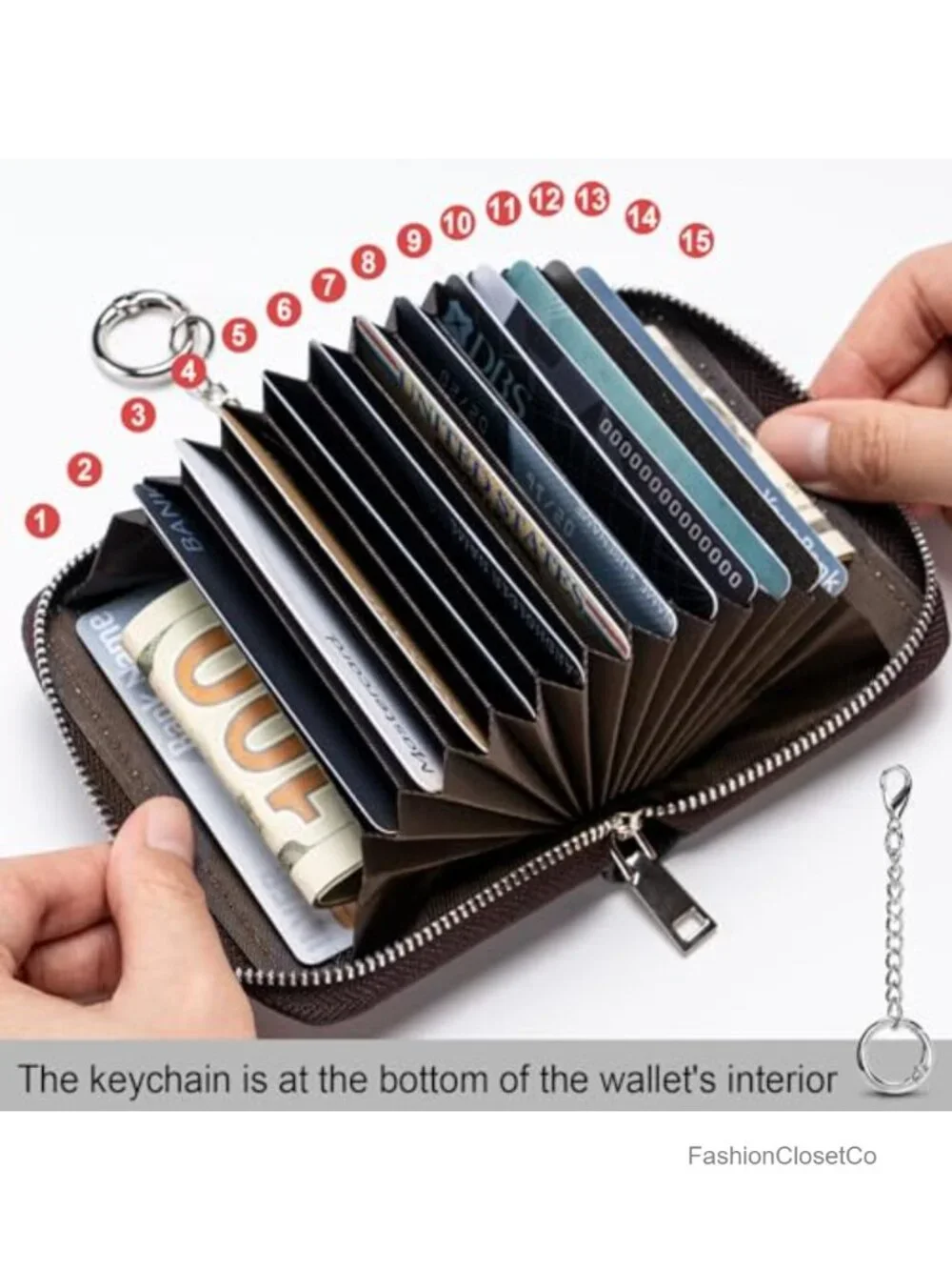 Small Accordion Card Case Wallet with Keychain - Faux Leather